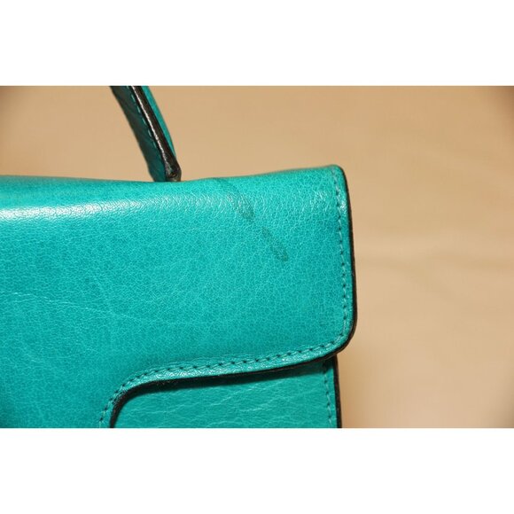 Vintage 1965 Italian Handbag Leather Turquoise Braided With Handle Gold Hardware - Picture 3 of 6